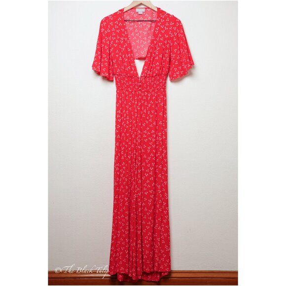 Women's FINDERS Pantsuit Size S/M Red Floral Wide Leg Jumpsuit Deep V Neck Boho - Picture 1 of 14